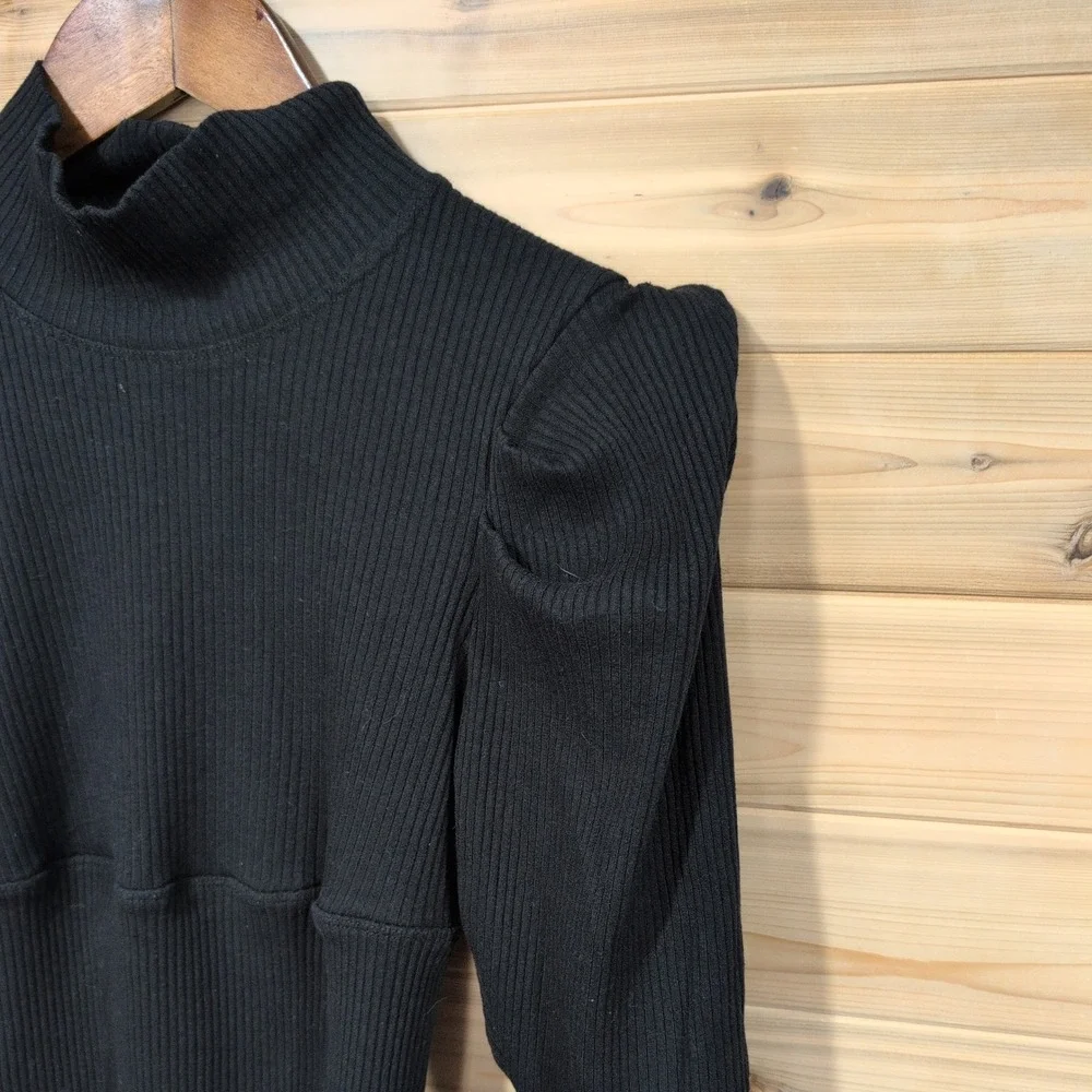 Free People Black Ribbed Mock Neck Puff Sleeve Top OB1110527 Size M
